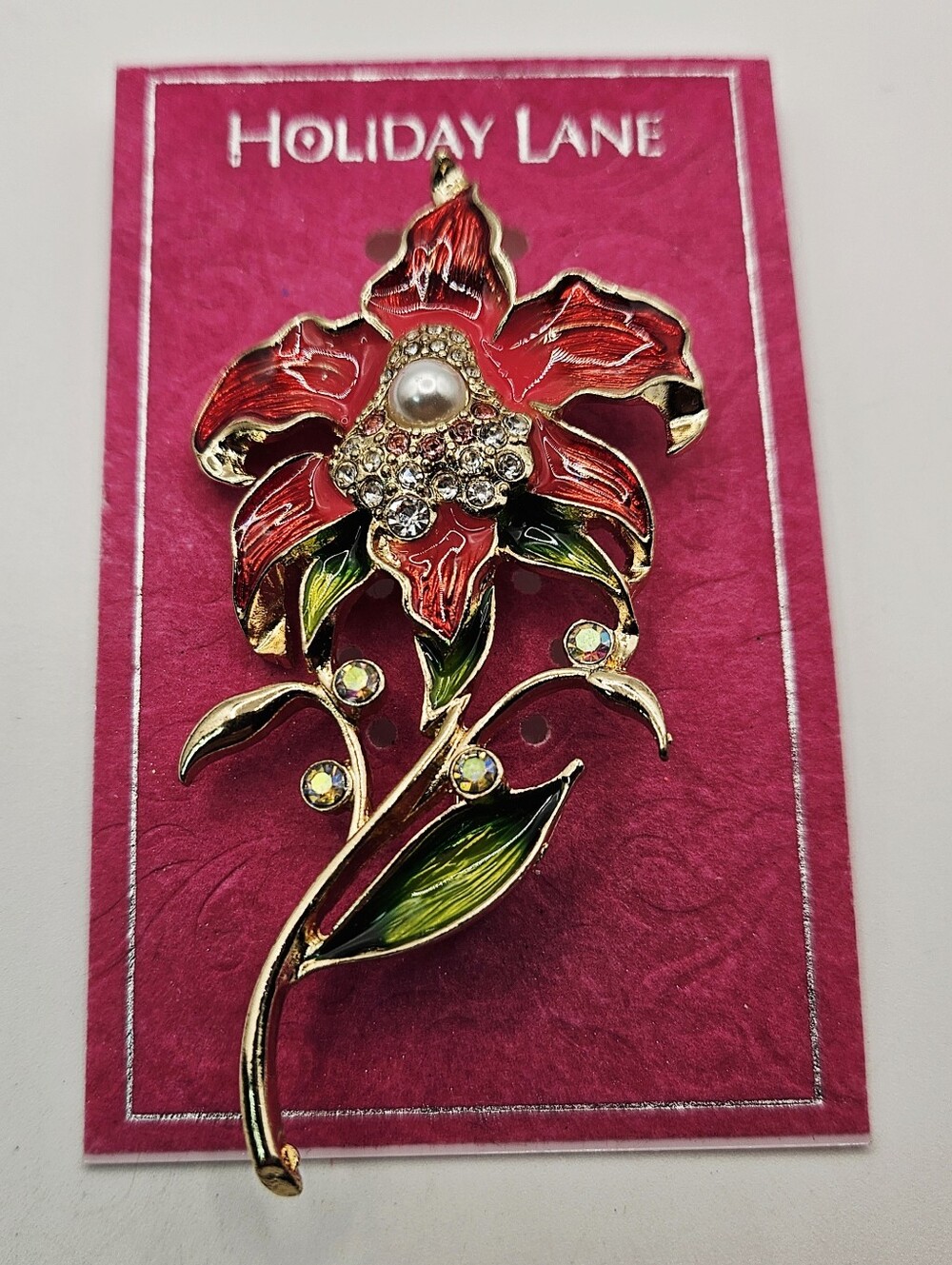 Holiday Lane Red Enamel Flower Brooch Pin Faux Pearl Rhinestone Christmas Jewelr